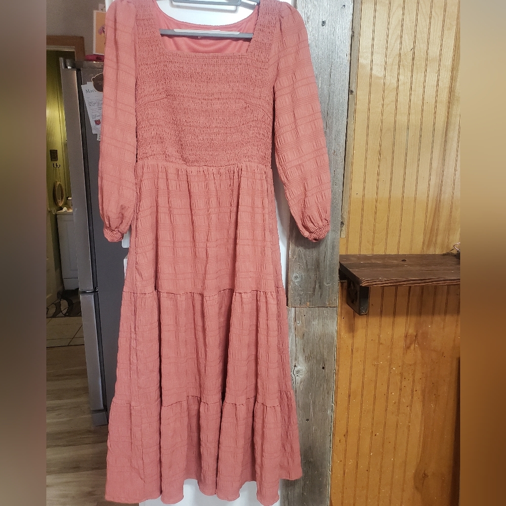 Coastal Cowgirl Smocked Tiered Maxi Dress Long Puff  Sleeves Med Coral